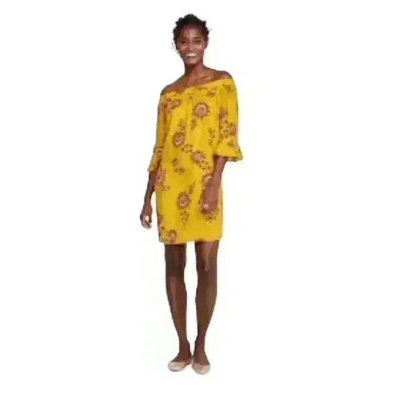 Old Navy Mustard Floral Off Shoulder Bell Sleeve Dress Size Large - Picture 3 of 6